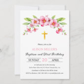 ピンク花模様金ゴールドクロスバプテスマとファースト誕生日 招待状 (正面)