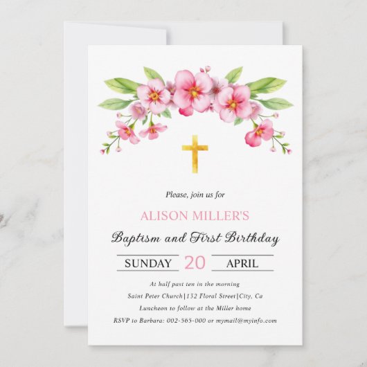 ピンク花模様金ゴールドクロスバプテスマとファースト誕生日 招待状 (正面)