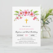 ピンク花模様金ゴールドクロスバプテスマとファースト誕生日 招待状 (スタンド正面)