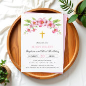 ピンク花模様金ゴールドクロスバプテスマとファースト誕生日 招待状