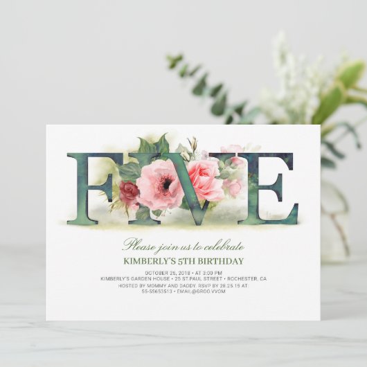 ピンク花模様5 | 5th Birthday Partyへの招待 招待状 (スタンド正面)
