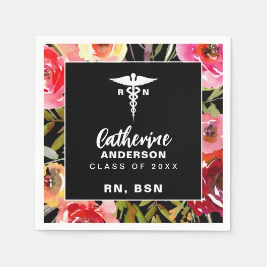 ピンク花模様RN BSNナース スタンダードカクテルナプキン (正面)