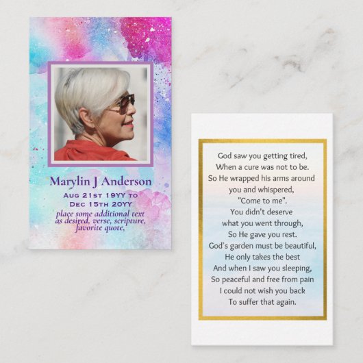 ピンク芸術品を気取ったブルー100x祈りの言葉メモリアルカード 名刺 (正面/裏面)