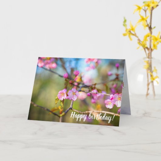 ピンク芸術的の桜の花がさくらんぼ園 カード (黄色い花)