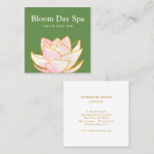ピンク芸術的の水彩蓮の花フローラ緑 スクエア名刺 (正面/裏面)