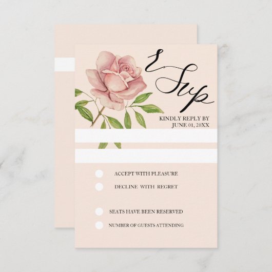 ピンク芸術的の水色バラハンド絵を描 出欠カード (正面/裏面)