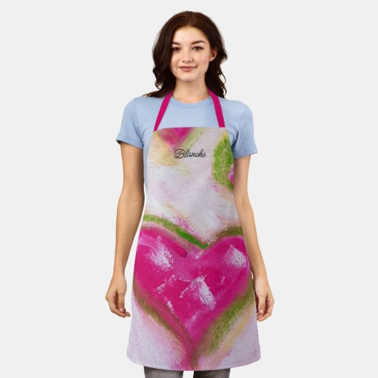 ピンク芸術的ハートチョークハ絵を描ンド エプロン (着用した状態)