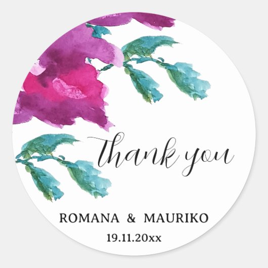 ピンク芸術的パープルバラ水彩手絵を描型 ラウンドシール (正面)