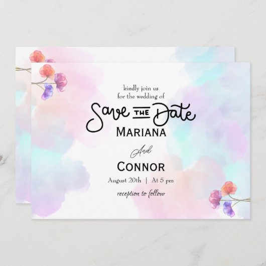 ピンク芸術的&ブルー結婚式招待状 招待状 (正面/裏面)