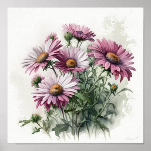 ピンク英語デイジーフラワーアートプリントポスター ポスター (正面)