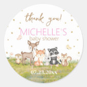 ピンク茶色の水彩森林動物 ラウンドシール (正面)