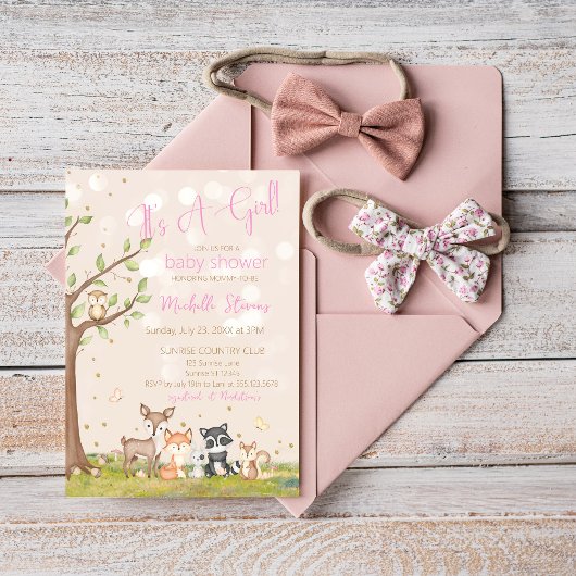 ピンク茶色の水彩森林動物 招待状