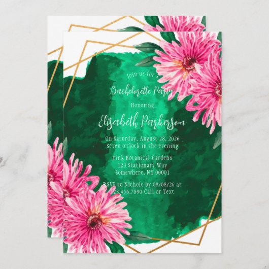ピンク菊の幾何学的バチェロレッテ 招待状 (正面/裏面)