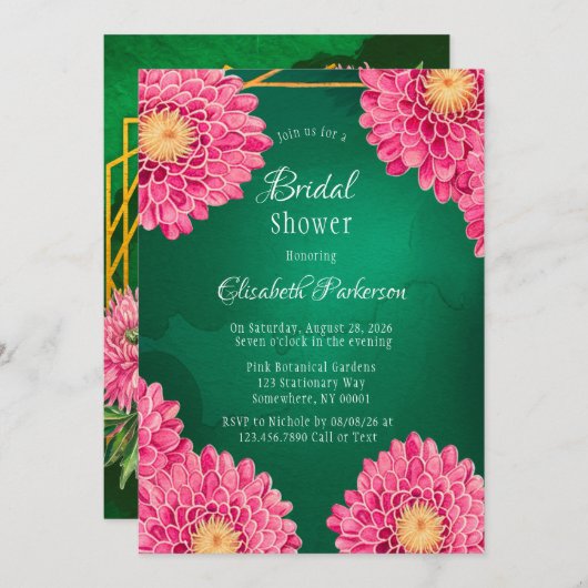 ピンク菊の幾何学的ブライダルシャワー 招待状 (正面/裏面)