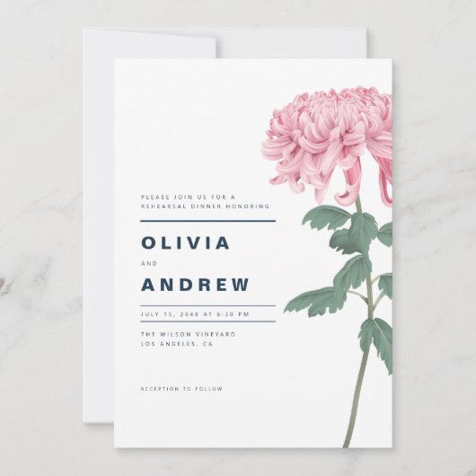 ピンク菊の植物のリハーサルディナー 招待状 (正面)