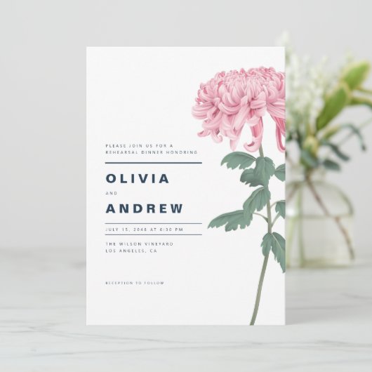 ピンク菊の植物のリハーサルディナー 招待状 (スタンド正面)