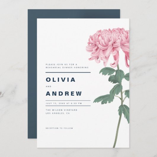 ピンク菊の植物のリハーサルディナー 招待状 (正面/裏面)