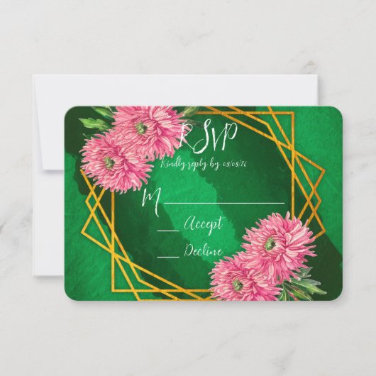 ピンク菊の金ゴールド幾何結婚の 出欠カード (正面)