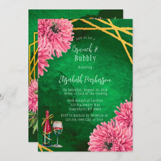 ピンク菊ジオメトリブランチ&バブリー 招待状 (正面/裏面)