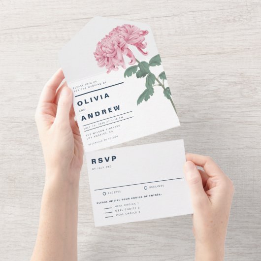 ピンク菊結婚植物園 オールインワン招待状 (貼ってはがせる)