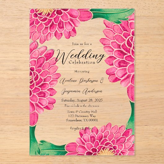 ピンク菊金ゴールド幾何絵を描結婚の アクリル招待状 (正面)