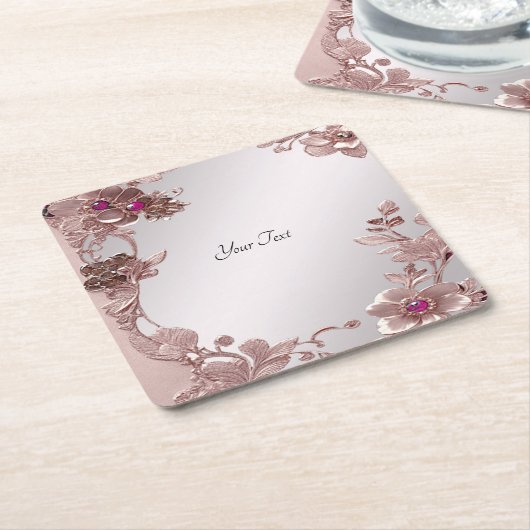 ピンク華美フローラ紙コースター スクエアペーパーコースター (アングル)