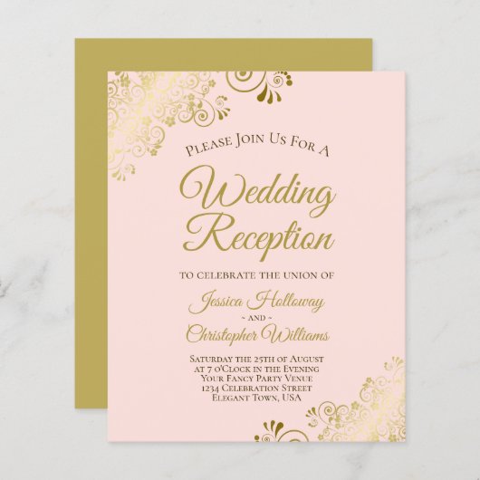 ピンク華美&金ゴールドバジェット結婚式レセプション招待状 (正面/裏面)