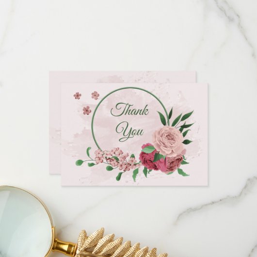 ピンク葉の花の緑結婚の植物 サンキューカード (正面/裏面インサイチュ)