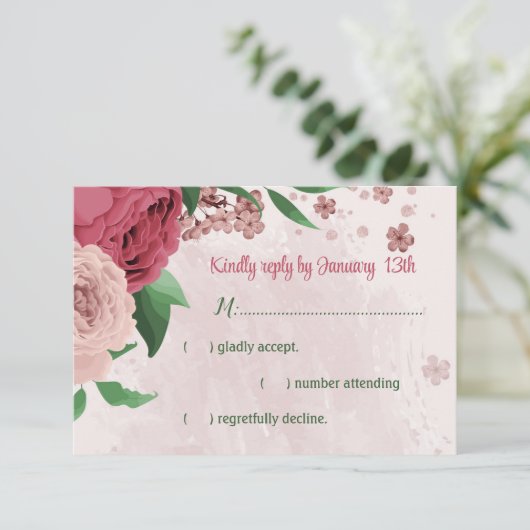 ピンク葉の花の緑結婚の植物 出欠カード (スタンド正面)