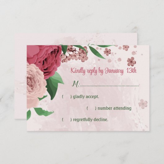 ピンク葉の花の緑結婚の植物 出欠カード (正面/裏面)