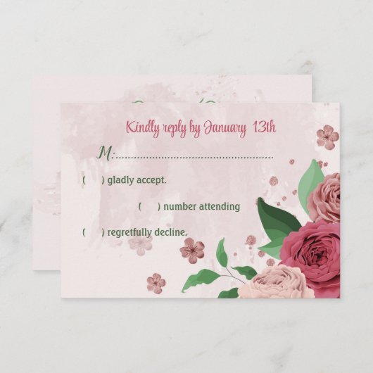 ピンク葉の花の緑結婚の植物 出欠カード (正面/裏面)