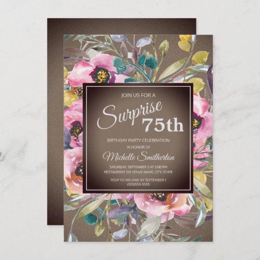 ピンク葉の花素朴咲き75誕生日 招待状 (正面/裏面)
