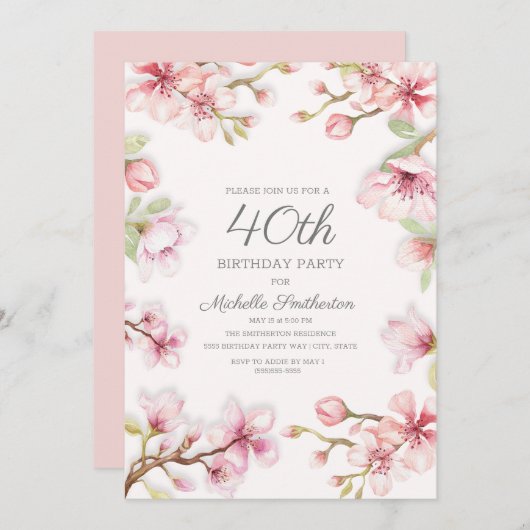 ピンク葉フローラグリーン女子40歳の誕生日 招待状 (正面/裏面)