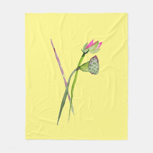 ピンク蓮の花の水彩画 フリースブランケット (正面)