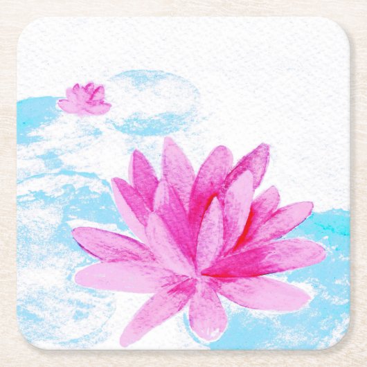 ピンク蓮の花の水色絵を描の スクエアペーパーコースター (正面)