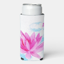 ピンク蓮の花の水色絵を描の スリム缶クーラー