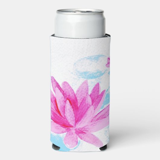 ピンク蓮の花の水色絵を描の スリム缶クーラー (Seltzer正面)