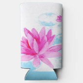 ピンク蓮の花の水色絵を描の スリム缶クーラー (裏面)