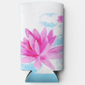 ピンク蓮の花の水色絵を描の スリム缶クーラー (正面)