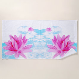 ピンク蓮の花の水色絵を描の ビーチタオル
