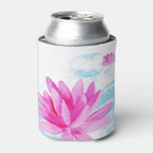 ピンク蓮の花の水色絵を描の 缶クーラー (缶正面)