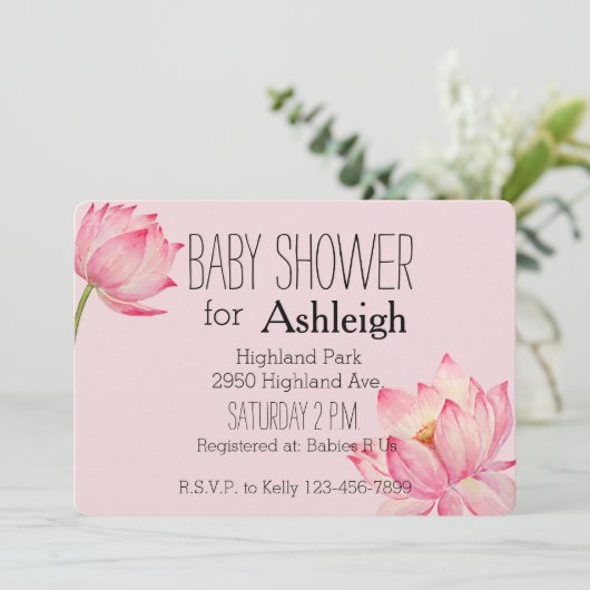 ピンク蓮の花の赤ちゃんシャワー 招待状 (スタンド正面)