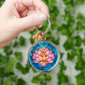 ピンク蓮の花モザイクのステンドグラス キーホルダー (手)