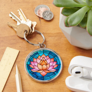 ピンク蓮の花モザイクのステンドグラス キーホルダー