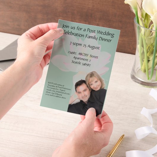 ピンク蓮の花結婚のお祝い反応 ベラム紙招待状 (ポータブル)