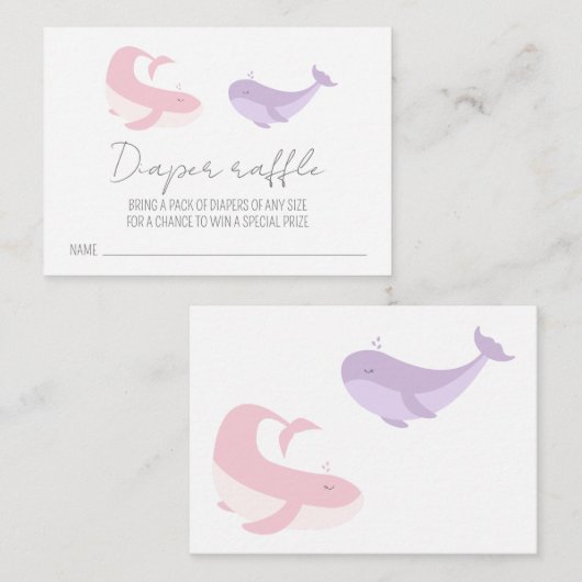 ピンク薄紫クジラ赤ちゃんシャワーおむつラッフル エンクロージャーカード (正面/裏面)