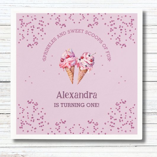 ピンク薄紫スクープ女の子アイスクリーム1st誕生日パーティー スタンダードカクテルナプキン