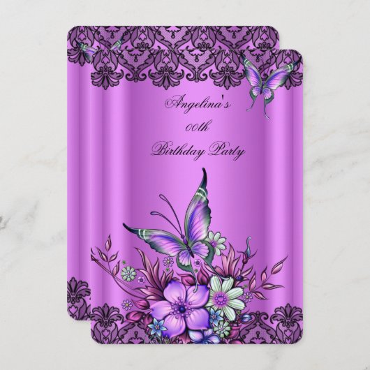 ピンク薄紫バタフライフローラブラックレース誕生日 招待状 (正面/裏面)