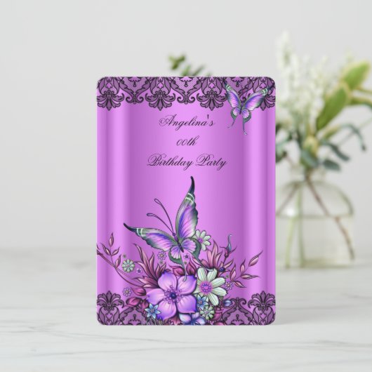 ピンク薄紫バタフライフローラブラックレース誕生日 招待状 (スタンド正面)