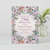 ピンク薄紫パープルウォーター色フローラ75誕生日 招待状 (スタンド正面)